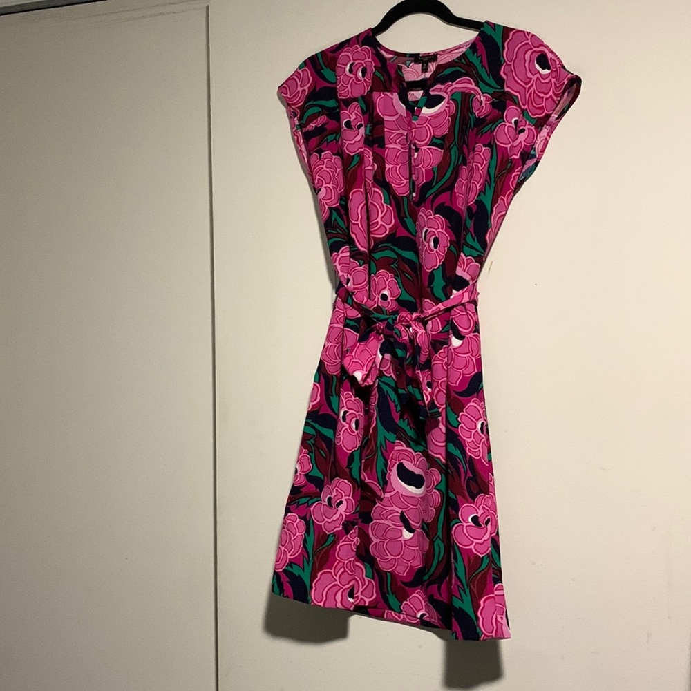 Talbots Cap Sleeve Flowered Dress with Belt, Size MP, Pink Flower Print